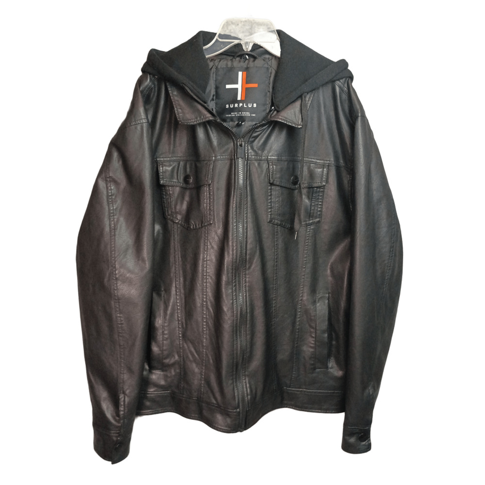 SURPLUS Men's L Black Full Zip Faux Leather Hooded Biker Bomber Jacket Outerwear